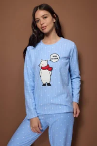 TRENDYOLMiLLA Mavi Polka Dot Patterned Patch Fleece Knitted Pajama Set - Image 2