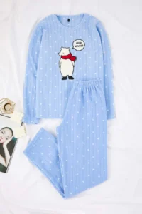 TRENDYOLMiLLA Mavi Polka Dot Patterned Patch Fleece Knitted Pajama Set - Image 5