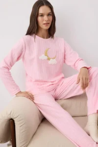 TRENDYOLMiLLA Pink Galaxy Patch Fleece Knitted Pajama Set - Image 2