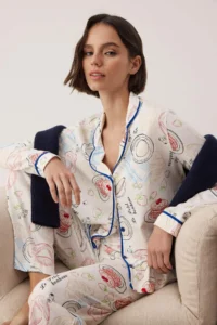 TRENDYOLMiLLA Ecru 100% Cotton Fun Printed Pijama Knitted Pajama Set