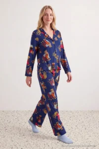 TRENDYOLMiLLA Navy Blue 100% Cotton Tiger Printed Knitted Pajama Set - Image 3