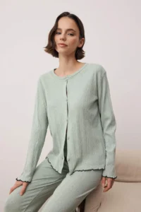 TRENDYOLMiLLA Green Cardigan Pointel/Roving Baby Overlocked Knitted Pajama Set - Image 2