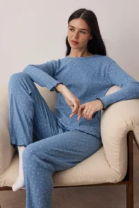 TRENDYOLMiLLA Mavi Floral Baby Overlocked Corduroy/Pointel Knitted Pajama Set