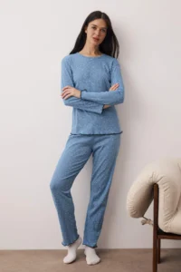TRENDYOLMiLLA Mavi Floral Baby Overlocked Corduroy/Pointel Knitted Pajama Set - Image 2