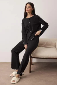 TRENDYOLMiLLA Black 100% Cotton Baby Knitted Pajama Set with Overlock and Ribbon Detail
