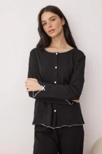 TRENDYOLMiLLA Black 100% Cotton Baby Knitted Pajama Set with Overlock and Ribbon Detail - Image 2