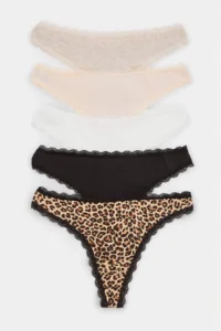 TRENDYOLMİLLA Multicolored 5 Sets Cotton Plain-Leopard Patterned Thong Panties