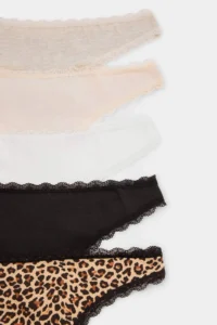 TRENDYOLMİLLA Multicolored 5 Sets Cotton Plain-Leopard Patterned Thong Panties - Image 2