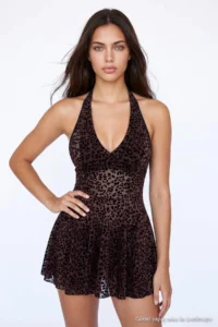 TRENDYOLMİLLA Brown Leopard Patterned Halter Neck Pantyhose Babydoll/Lingerie Nightgown - Image 2