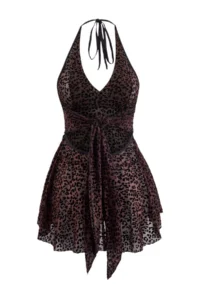 TRENDYOLMİLLA Brown Leopard Patterned Halter Neck Pantyhose Babydoll/Lingerie Nightgown - Image 6