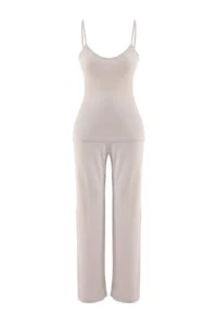 TRENDYOLMİLLA Stone 3 Sets Viscose Robe+Tank Top+Pants Knitting Pajama Set - Image 6