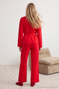 TRENDYOLMiLLA Red Belted Double Breasted Collar Knitted Pajama Set - Image 3