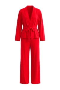 TRENDYOLMiLLA Red Belted Double Breasted Collar Knitted Pajama Set - Image 4