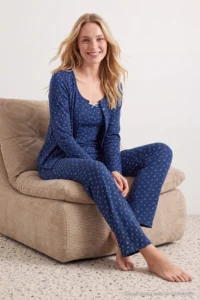 TRENDYOLMİLLA NAVY BLUE 3 Sets Cotton Floral Ribbed Knitting Pajama Set