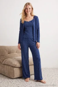 TRENDYOLMİLLA NAVY BLUE 3 Sets Cotton Floral Ribbed Knitting Pajama Set - Image 2