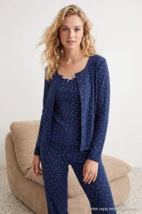 TRENDYOLMİLLA NAVY BLUE 3 Sets Cotton Floral Ribbed Knitting Pajama Set - Image 3