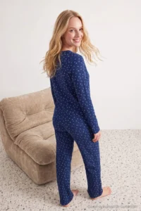 TRENDYOLMİLLA NAVY BLUE 3 Sets Cotton Floral Ribbed Knitting Pajama Set - Image 4