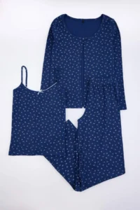 TRENDYOLMİLLA NAVY BLUE 3 Sets Cotton Floral Ribbed Knitting Pajama Set - Image 5