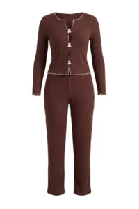 TRENDYOLMiLLA Brown 100% Cotton Baby Overlock Teddy Bear Detailed Pointel / Corded Knitted Pajama Set - Image 5