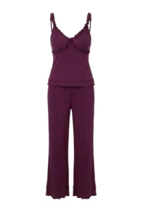 TRENDYOLMİLLA Plum Frilly Ribbed Knitting Pajama Set - Image 3
