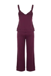 TRENDYOLMİLLA Plum Frilly Ribbed Knitting Pajama Set - Image 7