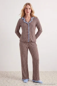 TRENDYOLMiLLA Brown Gingham Ruffled Woven Pajama Set - Image 3