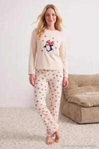 TRENDYOLMiLLA Ecru Penguin Patterned Soft Touch Winter Waffle Knitted Pajama Set - Image 3