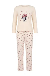 TRENDYOLMiLLA Ecru Penguin Patterned Soft Touch Winter Waffle Knitted Pajama Set - Image 4
