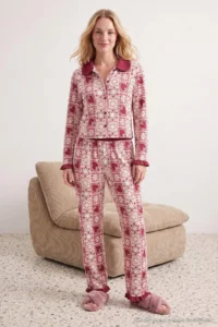 TRENDYOLMiLLA Burgundy Ethnic Patterned Frilly Knitted Pajama Set - Image 4