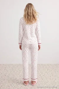 TRENDYOLMiLLA Ecru Floral Piping Detailed Soft Toe Winter Corduroy Knitted Pajama Set - Image 4