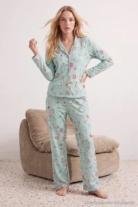 TRENDYOLMiLLA Turquoise 100% Cotton Piping Fun Patterned Knitted Pajama Set