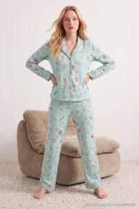 TRENDYOLMiLLA Turquoise 100% Cotton Piping Fun Patterned Knitted Pajama Set - Image 2