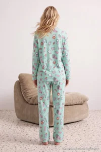 TRENDYOLMiLLA Turquoise 100% Cotton Piping Fun Patterned Knitted Pajama Set - Image 3