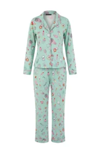 TRENDYOLMiLLA Turquoise 100% Cotton Piping Fun Patterned Knitted Pajama Set - Image 5