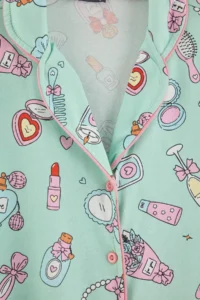 TRENDYOLMiLLA Turquoise 100% Cotton Piping Fun Patterned Knitted Pajama Set - Image 6