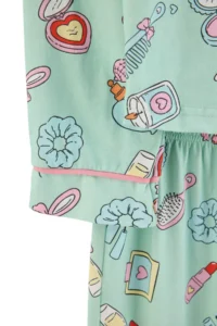 TRENDYOLMiLLA Turquoise 100% Cotton Piping Fun Patterned Knitted Pajama Set - Image 7