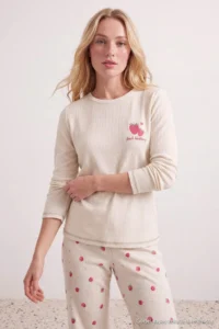 TRENDYOLMiLLA Ecru Fruit Printed Soft Touch Winter Waffle Knitted Pajama Set - Image 2