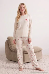 TRENDYOLMiLLA Ecru Fruit Printed Soft Touch Winter Waffle Knitted Pajama Set - Image 3