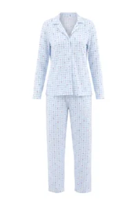 TRENDYOLMiLLA Mavi Plaid and Heart Patterned Soft Touch Knitted Pajama Set - Image 5