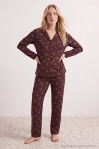TRENDYOLMiLLA Brown Ribbon Patterned Soft Touch Knitted Pajama Set