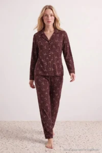 TRENDYOLMiLLA Brown Ribbon Patterned Soft Touch Knitted Pajama Set - Image 2