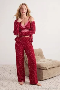 TRENDYOLMİLLA Burgundy 3 Sets 100% Cotton Floral Lace Ribbed/Pointel Knitting Pajama Set