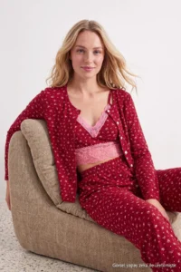 TRENDYOLMİLLA Burgundy 3 Sets 100% Cotton Floral Lace Ribbed/Pointel Knitting Pajama Set - Image 2