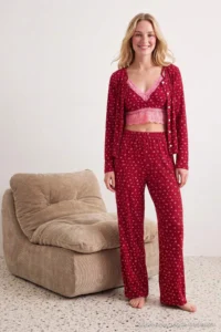 TRENDYOLMİLLA Burgundy 3 Sets 100% Cotton Floral Lace Ribbed/Pointel Knitting Pajama Set - Image 3