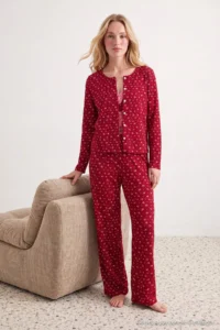 TRENDYOLMİLLA Burgundy 3 Sets 100% Cotton Floral Lace Ribbed/Pointel Knitting Pajama Set - Image 4