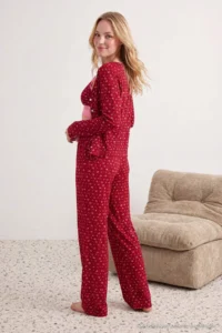 TRENDYOLMİLLA Burgundy 3 Sets 100% Cotton Floral Lace Ribbed/Pointel Knitting Pajama Set - Image 6
