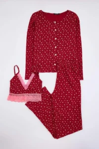 TRENDYOLMİLLA Burgundy 3 Sets 100% Cotton Floral Lace Ribbed/Pointel Knitting Pajama Set - Image 7