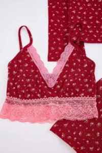 TRENDYOLMİLLA Burgundy 3 Sets 100% Cotton Floral Lace Ribbed/Pointel Knitting Pajama Set - Image 8