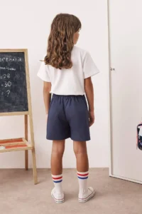 NAVY BLUE Cotton Regular Pattern Elastic Waist Weaving Gabardine Girls' Okul Shorts Etek - Image 3
