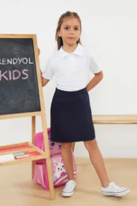 NAVY BLUE Cotton Regular Pattern Elastic Waist Weaving Gabardine Girls' Okul Shorts Etek - Image 5